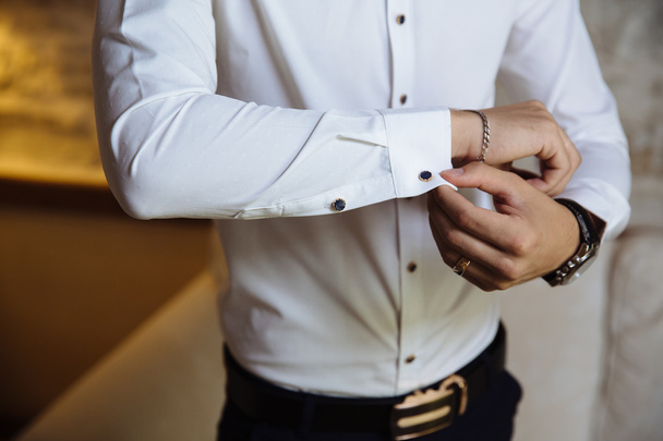 Businessman hands with cufflinks. Elegant gentleman clother - Фото, зображення