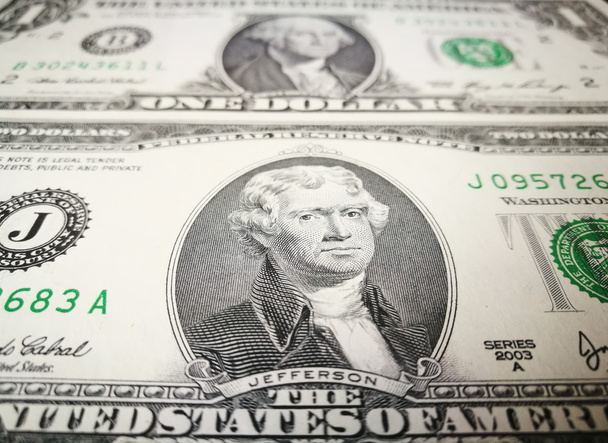 Крупним планом долар США Примітка з зображенням Джефферсон і Вашингтона - Фото, зображення