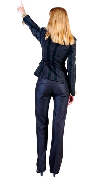 Back view of young blonde business woman pointing - Foto, imagen