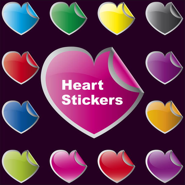 Collection of brightly colored, glossy heart shaped stickers set - Vector, Image