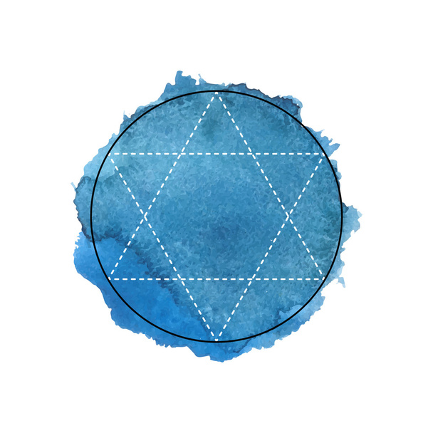 Symbol of alchemy and sacred geometry on the blue watercolor background. Linear character illustration for lines tattoo on the white isolated background. - Vektör, Görsel