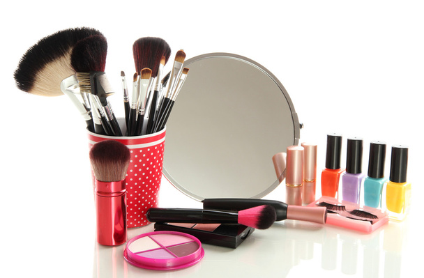 Cosmetics near mirror isolated on white - Foto, afbeelding
