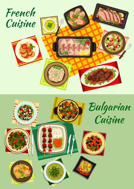 フランス料理とブルガリア料理ディナー料理アイコン - ベクター画像
