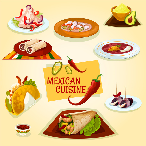 Mexican cuisine taco, burrito and tortilla icon - Vector, Image