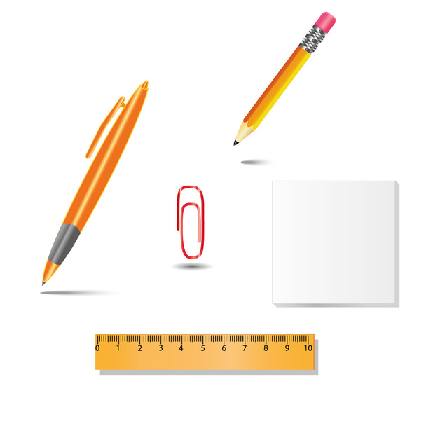 Office ツール、ペン、鉛筆、クリップ、定規、紙の影で白い背景上のセット - ベクター画像