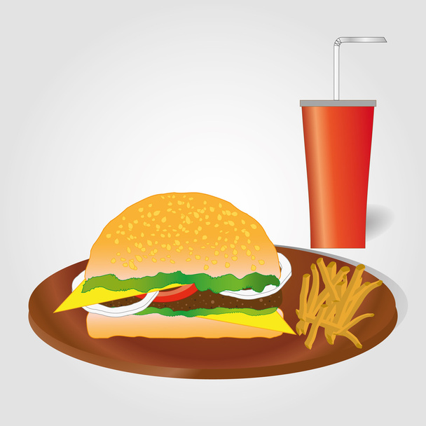 Hamburger con patatine fritte e bevande su fondo grigio chiaro. Menù fast food
 - Vettoriali, immagini