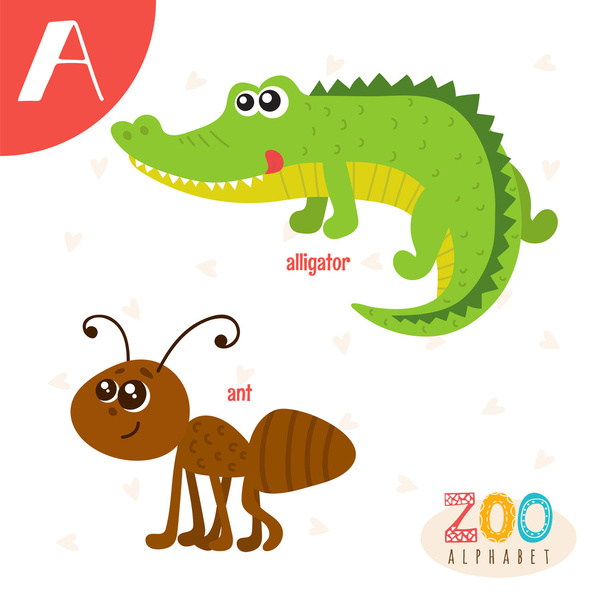 Carta A Animales lindos. Divertidos animales de dibujos animados en vector. ABC boo
 - Vector, imagen