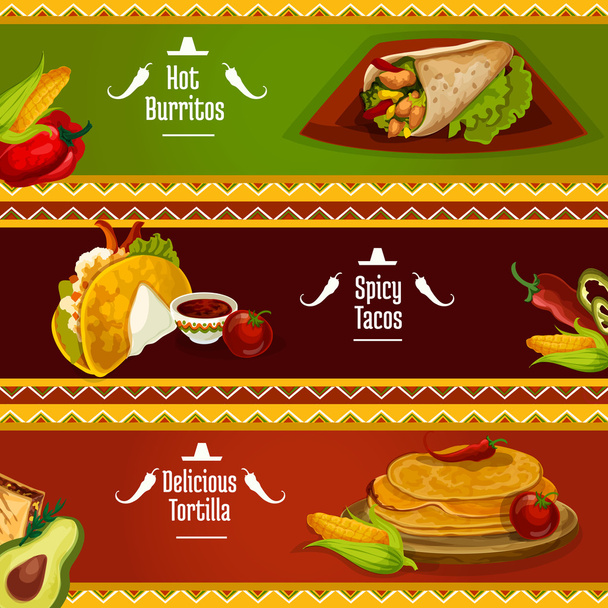 Mexican cuisine taco, burrito and tortilla banners - Vector, Image