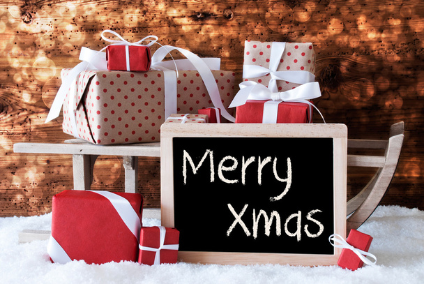 Sleigh With Gifts, Snow, Bokeh, Text Merry Xmas - Zdjęcie, obraz