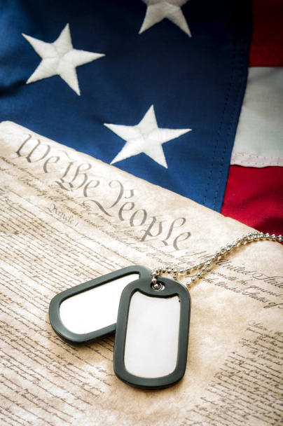 Στρατιωτικές ετικέτες σκυλιών, σύνταγμα των ΗΠΑ και την αμερικανική σημαία - Φωτογραφία, εικόνα