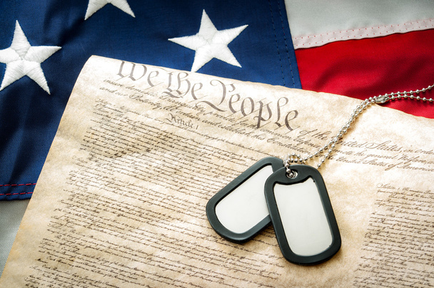 Military dog tags, US constitution and the American flag - Photo, Image