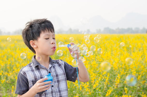 мальчик дует пузырьки на цветочном поле
 - Фото, изображение
