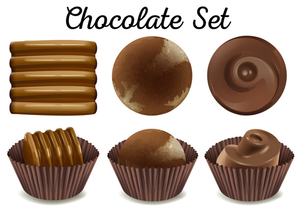 Different kind of chocolate in brown cups - Vector, Image