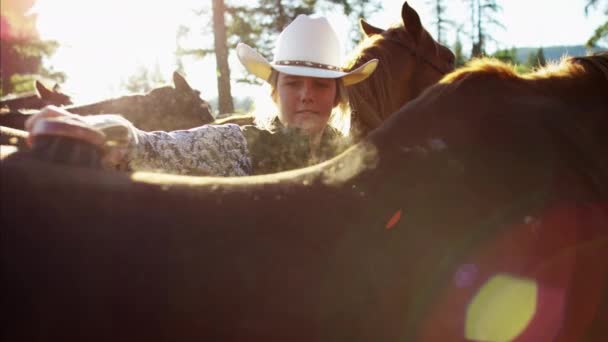 Cowgirl grooming paard  - Video