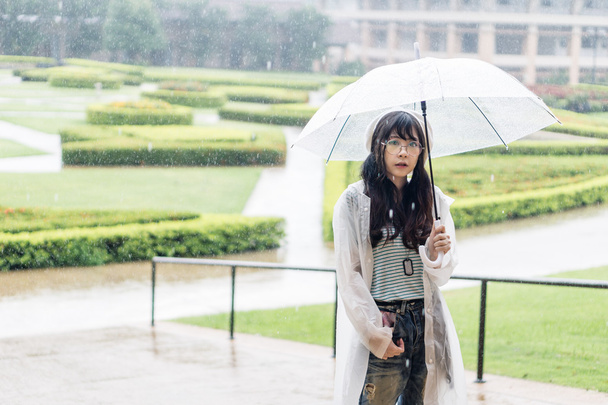 Menina asiática encantadora com guarda-chuva e capa de chuva
  - Foto, Imagem