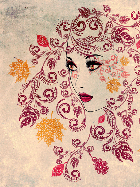 Autumn Girl with Floral Grunge - Foto, immagini