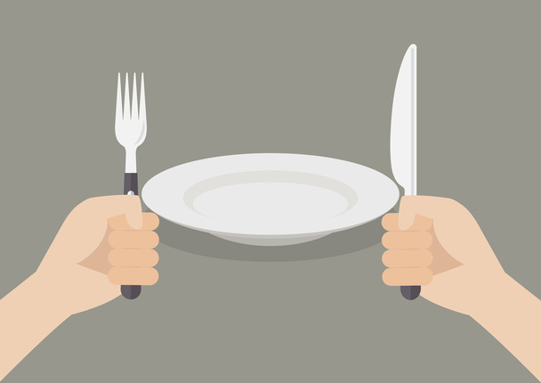 Cuchillos y tenedores en las manos con plato blanco
 - Vector, Imagen
