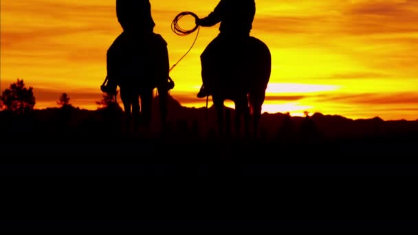 Cowboy jeźdźców pustyni o zachodzie słońca - Materiał filmowy, wideo