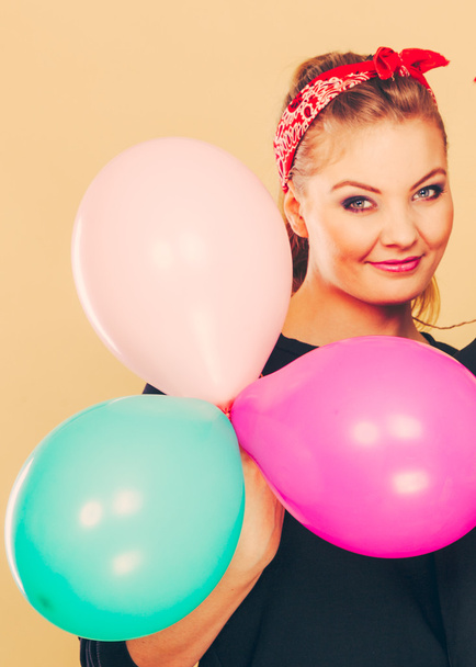 Happy smiling woman with balloons. - Zdjęcie, obraz