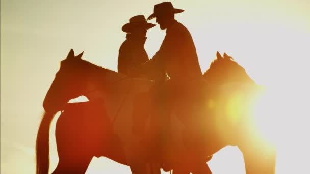 Cowboy lovasok vadonban a naplementekor - Felvétel, videó