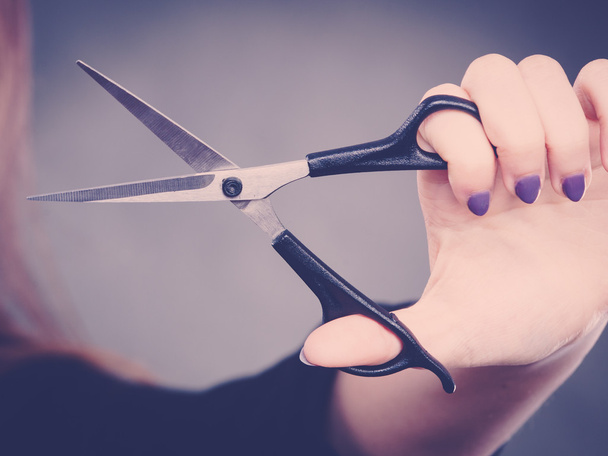 Professional hairdresser with scissors ready to cut. - Fotoğraf, Görsel