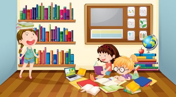 Три девушки читают книги в комнате
 - Вектор,изображение