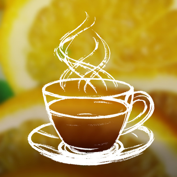 Tinta mão desenhada xícara de chá no fundo da foto borrada com fatia
 - Vetor, Imagem