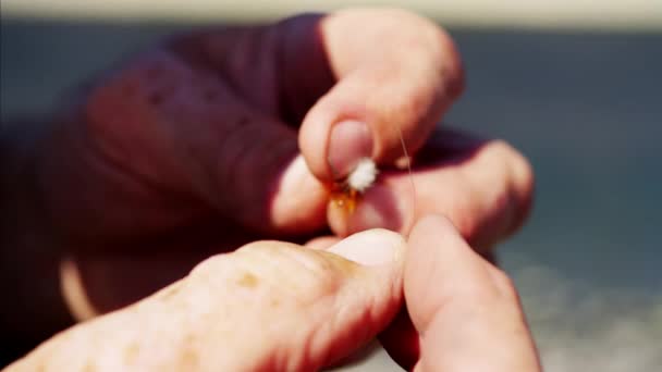 ψαράς προετοιμασία χέρι δεμένο μύγα - Πλάνα, βίντεο