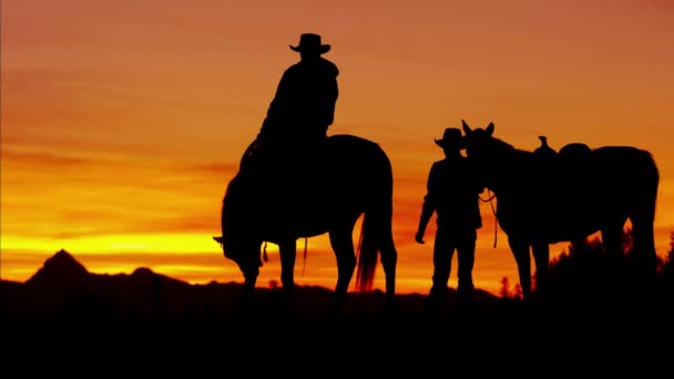 Καουμπόη αναβάτες στην έρημο στο ηλιοβασίλεμα - Πλάνα, βίντεο