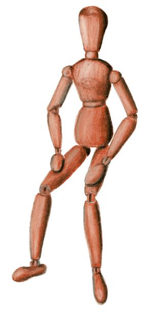 Hand drawn sepia wooden figure sitting illustration - Photo, Image