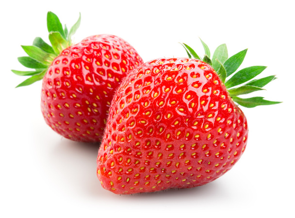 Two strawberries isolated on white background - Foto, afbeelding