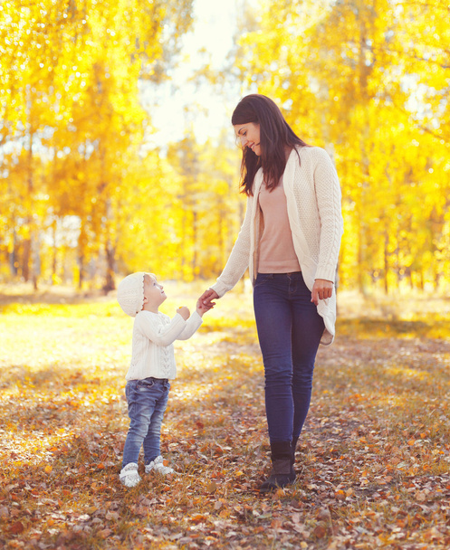 Happy smiling mother walking with child in warm sunny autumn day - Foto, Bild
