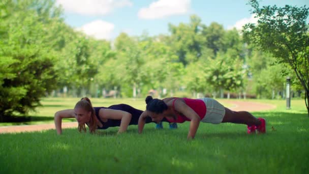 Jovens mulheres descansam após push-ups exercício ao ar livre
 - Filmagem, Vídeo