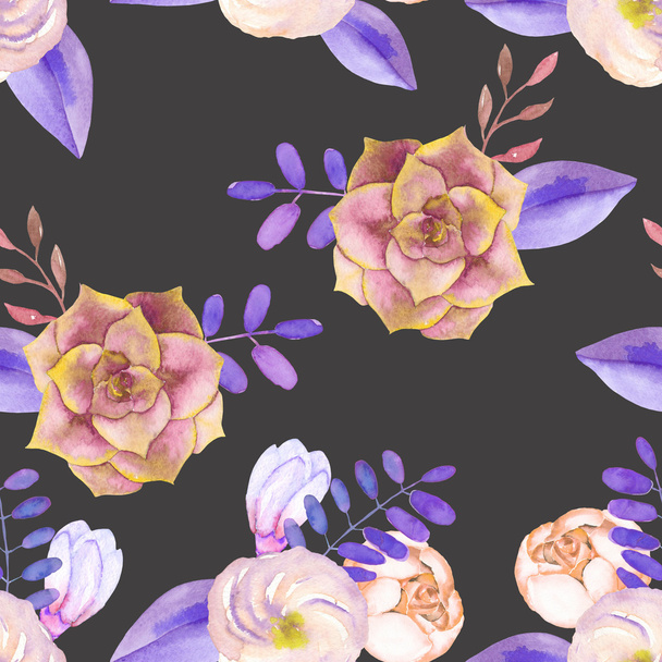 A seamless pattern with purple flowers, leaves and branches - 写真・画像