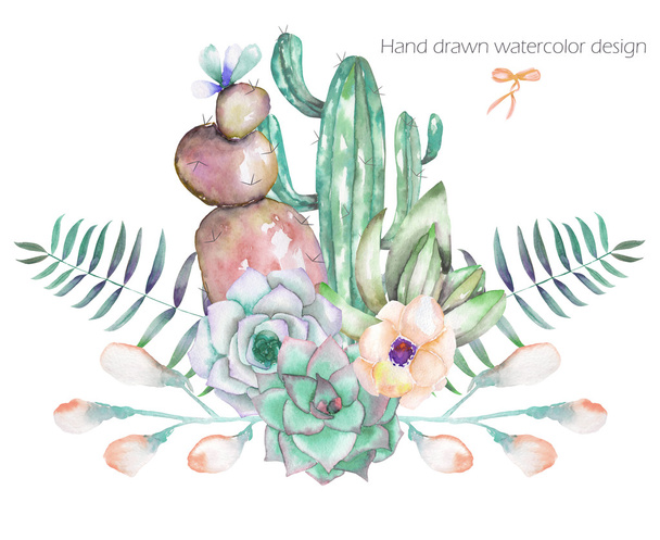 Декоративный букет с цветочными элементами акварели: суккуленты, цветы, листья и ветви
 - Фото, изображение