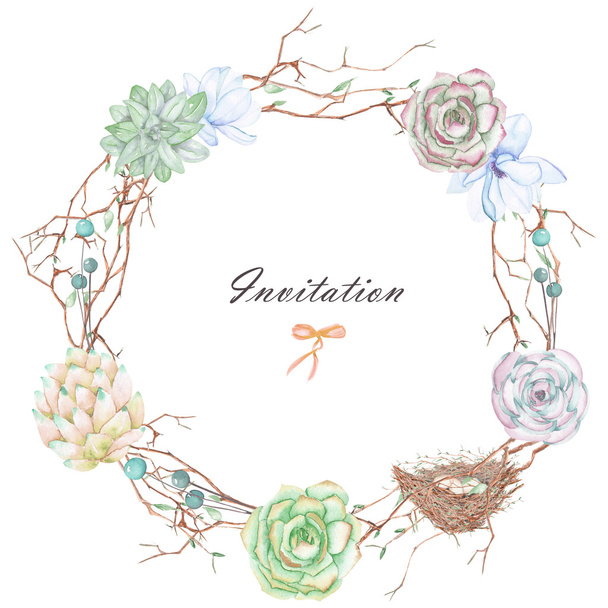 Kruhový rám, věný květinám z akvarel, větvemi a sukulenty, ručně nakreslený na bílém pozadí - Fotografie, Obrázek