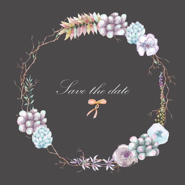 A circle frame, wreath with watercolor plants and succulents, hand drawn on a dark background - Photo, Image