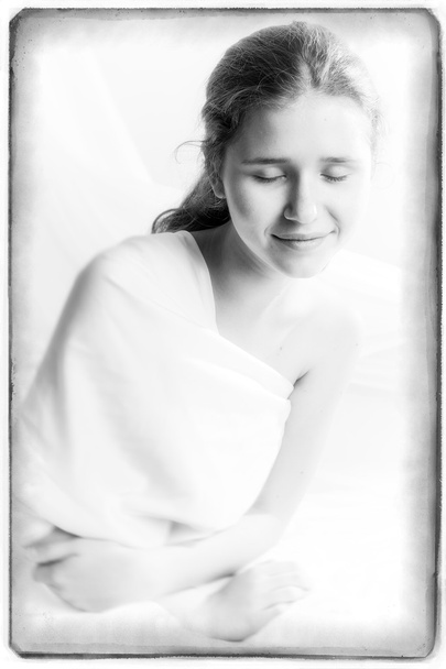 beauty in white cloth with closed eyes - Photo, Image