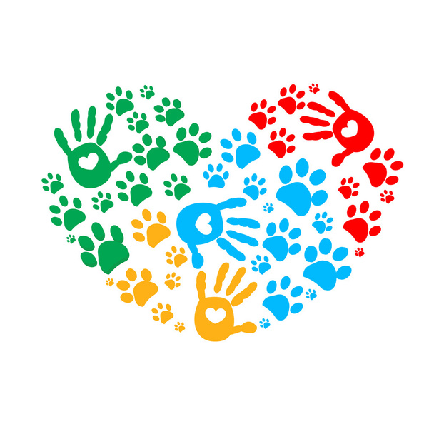 Πόδι στα χέρια του. Σκύλος εκτύπωση paw φτιαγμένο από πολύχρωμα καρδιά με φόντο εικονογράφηση διάνυσμα - Διάνυσμα, εικόνα