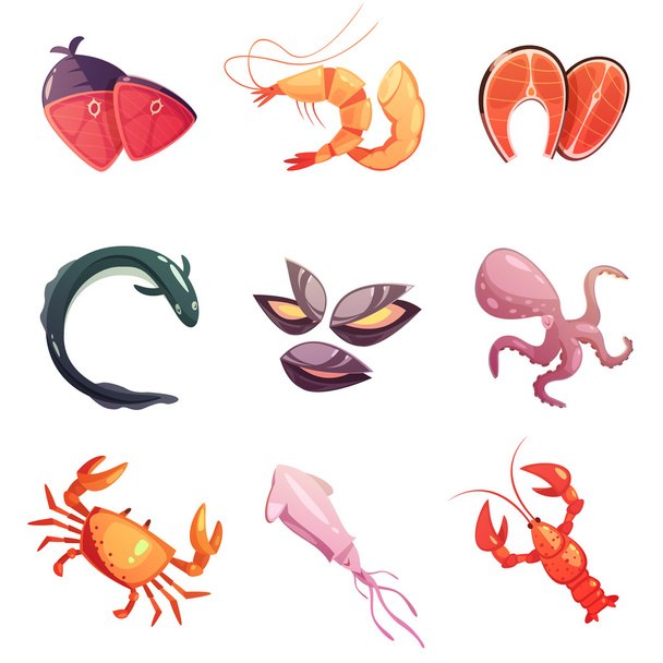  Meeresfrüchte Retro-Cartoon-Symbole gesetzt - Vektor, Bild