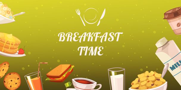 Комплект закусок на завтрак на горчичном фоне
 - Вектор,изображение