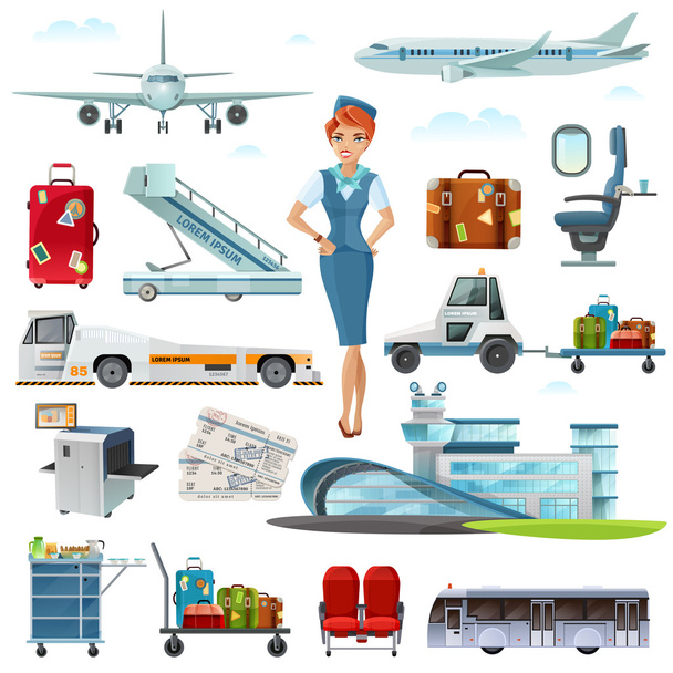 Aeropuerto Accesorios de vuelo Set de iconos planos
 - Vector, imagen