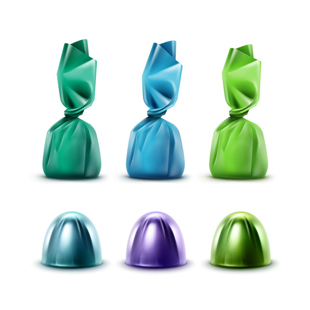 Σύνολο καραμέλες από σοκολάτα σε χρώμα μωβ πράσινο μπλε αλουμινόχαρτο - Διάνυσμα, εικόνα