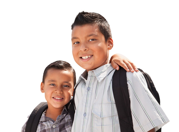 Jonge Spaanse Student broers dragen hun rugzakken op wit - Foto, afbeelding