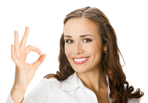 Business woman with okay gesture, on white - Photo, Image