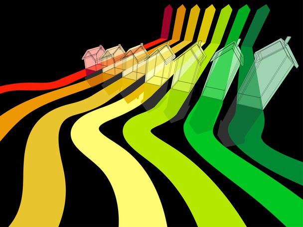 zeven huizen energie rating - Vector, afbeelding