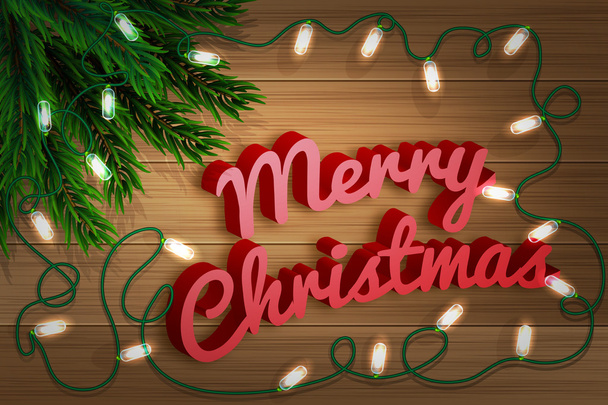 Feliz Navidad. Rama de abeto con una guirnalda brillante sobre una tabla de madera. Tarjeta de felicitación de Navidad y Año Nuevo. Ilustración vectorial
 - Vector, Imagen