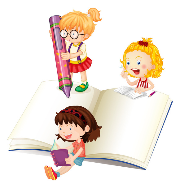 Las niñas leyendo y escribiendo libro
 - Vector, Imagen