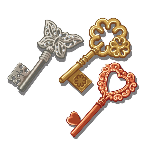 Keys with butterfly, circle and heart ornament - Vektör, Görsel
