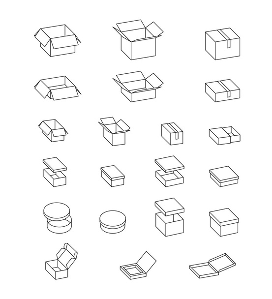 Avaa ja sulje laatikot. Pahvilaatikot. Eristetty pahvipakkaus valkoisella, yksinkertaisella kuvalla. Vektori. Lahjapakkaus, pizzalaatikko, postilaatikko, kenkälaatikko
. - Vektori, kuva